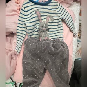 Baby boden 6-12m Bunny in pocket Striped Sweater and Polka Dot Pants Set
